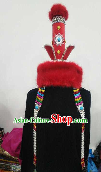 Chinese Traditional Mongolian Red Hats Mongol Nationality Hair Accessories Folk Dance Headwear for Women