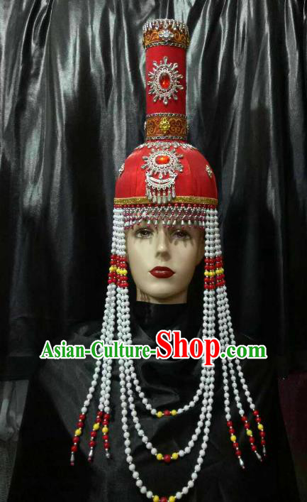 Chinese Traditional Mongolian Wedding Red Hats China Mongol Nationality Bride Headwear for Women