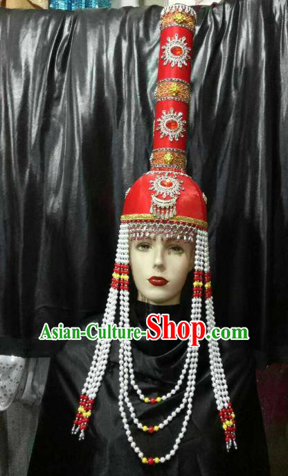 Chinese Traditional Mongolian Red Hats Mongol Nationality Hair Accessories Folk Dance Headwear for Women