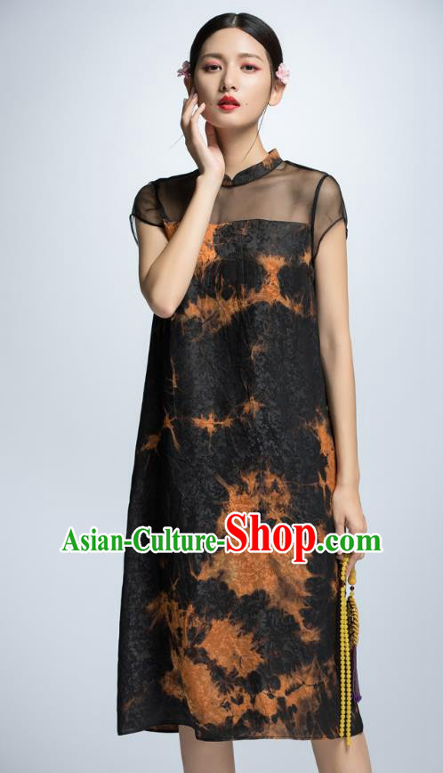 Chinese Traditional Printing Black Cheongsam Dress China National Costume for Women