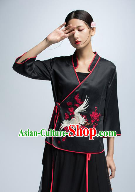 Chinese Traditional Costume Embroidered Crane Cheongsam Blouse China National Upper Outer Garment Shirt for Women