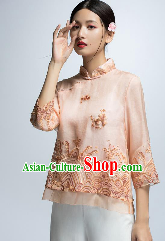 Chinese Traditional Costume Embroidered Pink Cheongsam Blouse China National Upper Outer Garment Shirt for Women