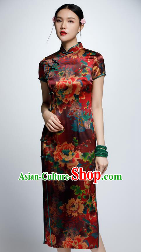Chinese Traditional Printing Peony Silk Cheongsam China National Costume Qipao Dress for Women