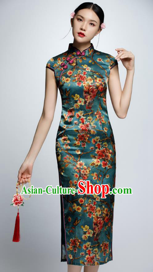 Chinese Traditional Printing Green Cheongsam China National Costume Qipao Dress for Women