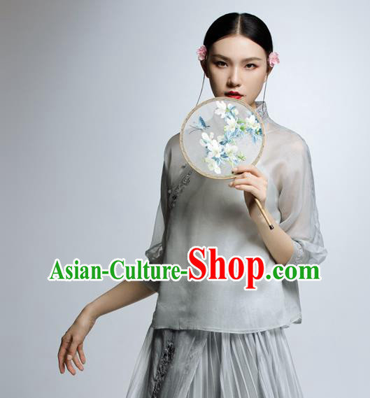 Chinese Traditional Costume Embroidered Grey Blouse China National Upper Outer Garment Shirt for Women