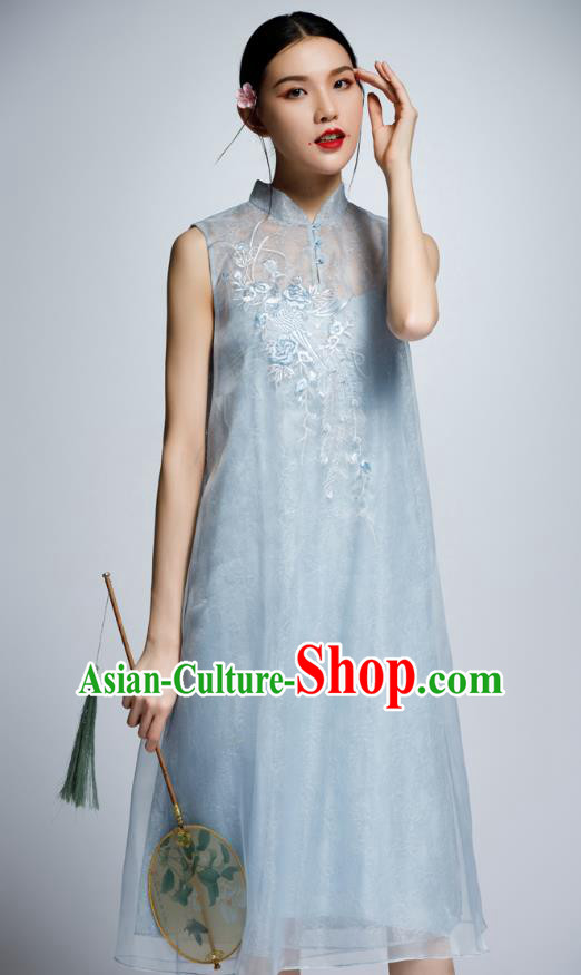 Chinese Traditional Embroidered Blue Cheongsam China National Costume Tang Suit Qipao Dress for Women