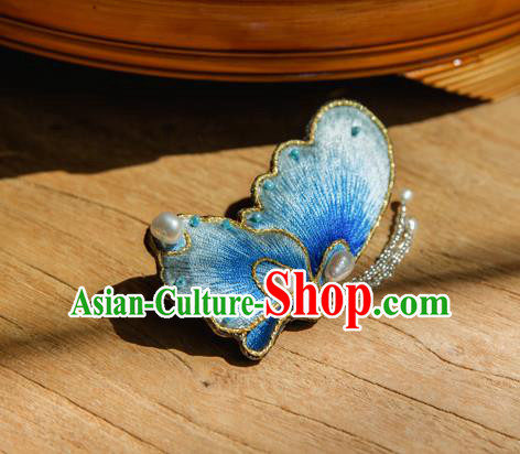 Chinese Traditional Cheongsam Accessories Embroidered Blue Butterfly Brooch for Women