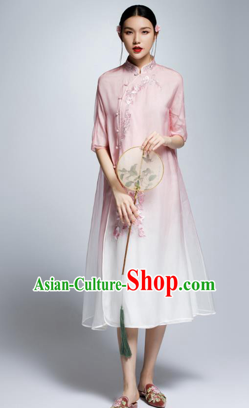 Chinese Traditional Pink Organza Cheongsam China National Costume Tang Suit Qipao Dress for Women
