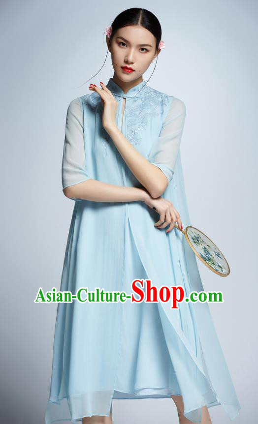 Chinese Traditional Embroidered Blue Cheongsam China National Costume Tang Suit Qipao Dress for Women