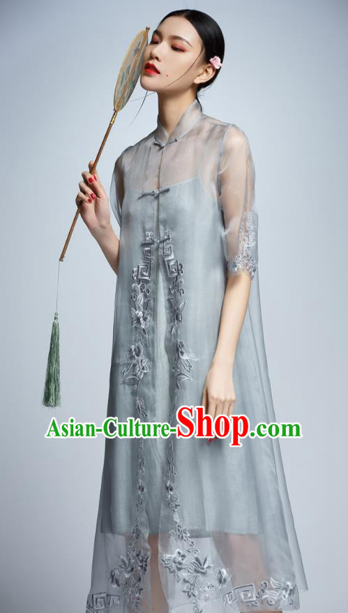Chinese Traditional Embroidered Grey Organza Cheongsam China National Costume Tang Suit Qipao Dress for Women