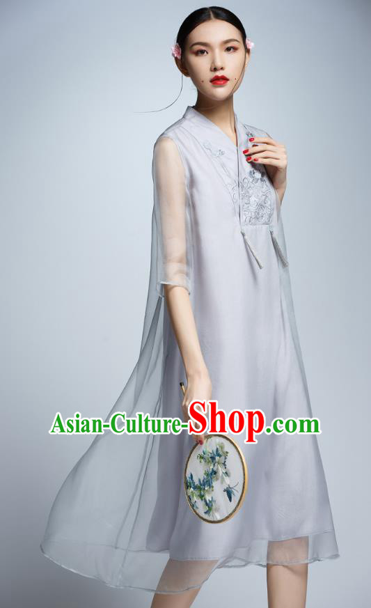 Chinese Traditional Embroidered Grey Cheongsam China National Costume Tang Suit Qipao Dress for Women