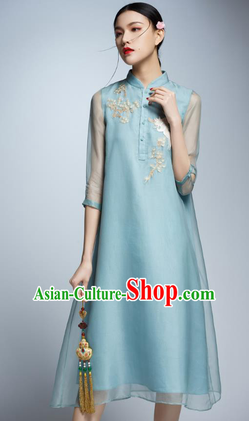 Chinese Traditional Embroidered Blue Cheongsam China National Costume Tang Suit Qipao Dress for Women