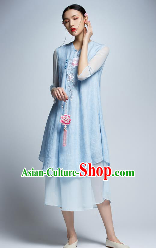 Chinese Traditional Embroidered Peony Blue Cheongsam China National Costume Tang Suit Qipao Dress for Women