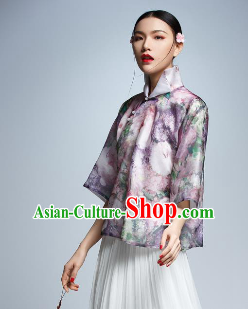 Chinese Traditional Costume Printing Cheongsam Blouse China National Upper Outer Garment Shirt for Women