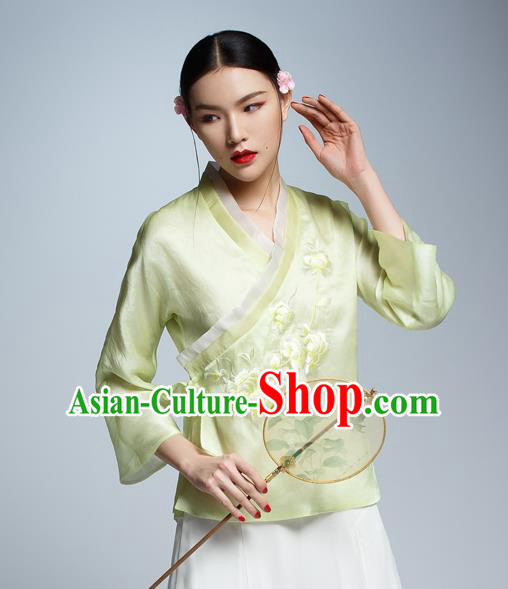 Chinese Traditional Costume Embroidered Silk Cheongsam Blouse China National Upper Outer Garment Shirt for Women