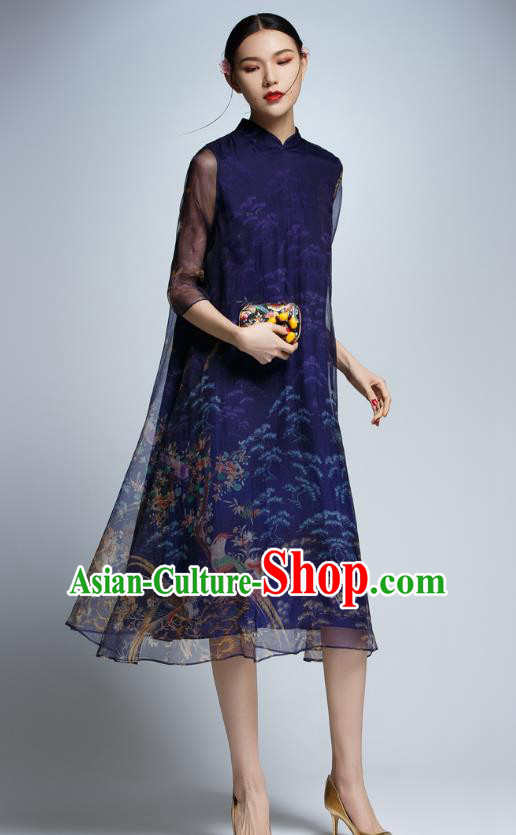 Chinese Traditional Navy Cheongsam China National Costume Tang Suit Qipao Dress for Women