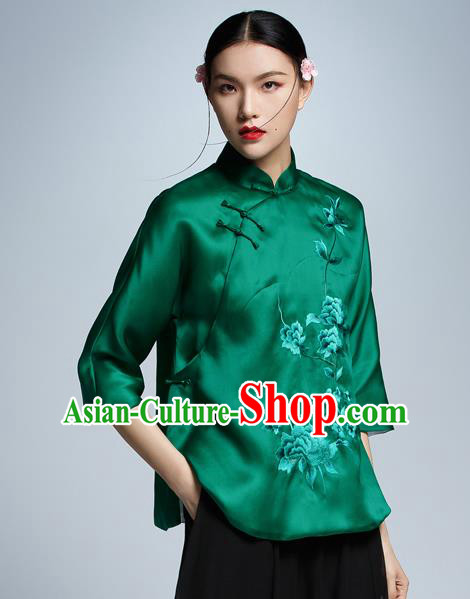 Chinese Traditional Costume Embroidered Green Cheongsam Blouse China National Upper Outer Garment Shirt for Women