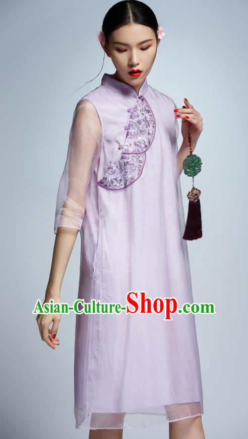 Chinese Traditional Embroidered Organza Purple Cheongsam China National Costume Tang Suit Qipao Dress for Women