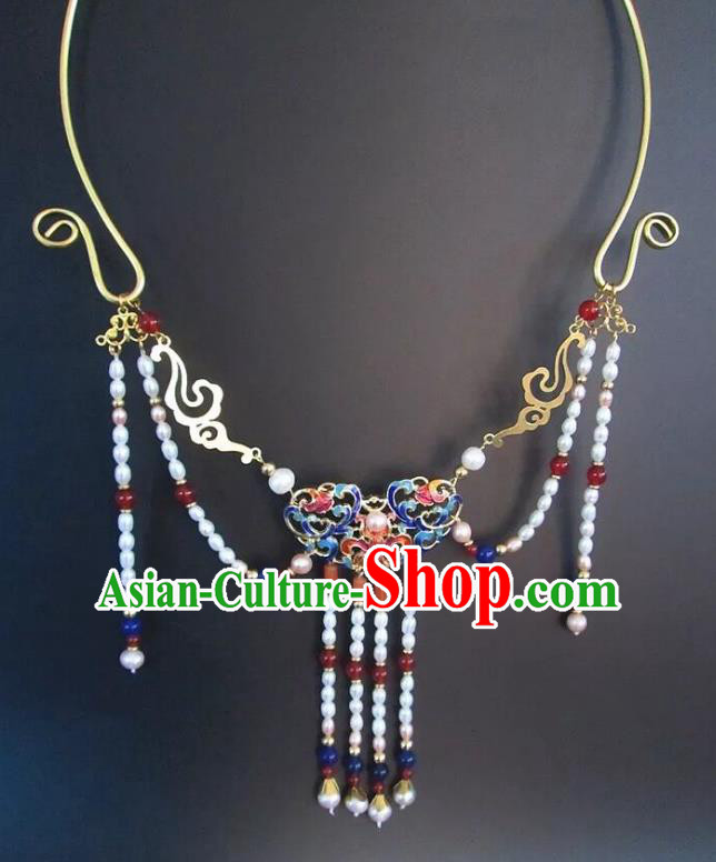 Chinese Traditional Jewelry Accessories Ancient Hanfu Blueing Pearls Tassel Necklace for Women