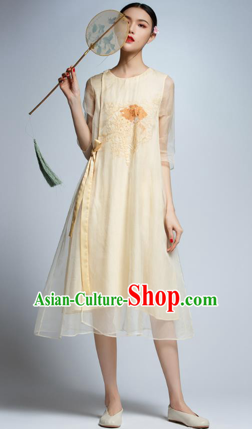 Chinese Traditional Embroidered Organza Yellow Cheongsam China National Costume Tang Suit Qipao Dress for Women