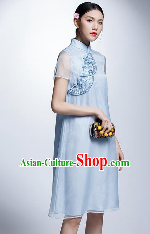 Chinese Traditional Embroidered Blue Cheongsam China National Costume Tang Suit Qipao Dress for Women