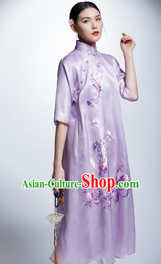 Chinese Traditional Costume Embroidered Purple Cheongsam China National Tang Suit Qipao Dress for Women