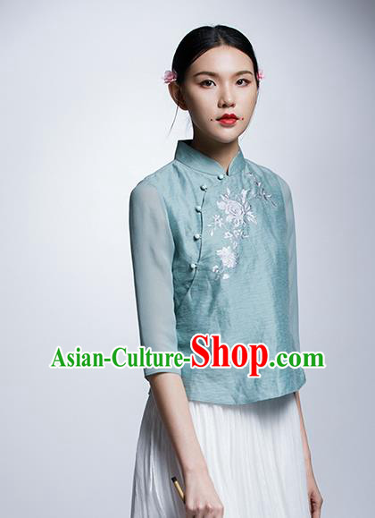 Chinese Traditional Costume Embroidered Flowers Green Cheongsam Blouse China National Upper Outer Garment Shirt for Women