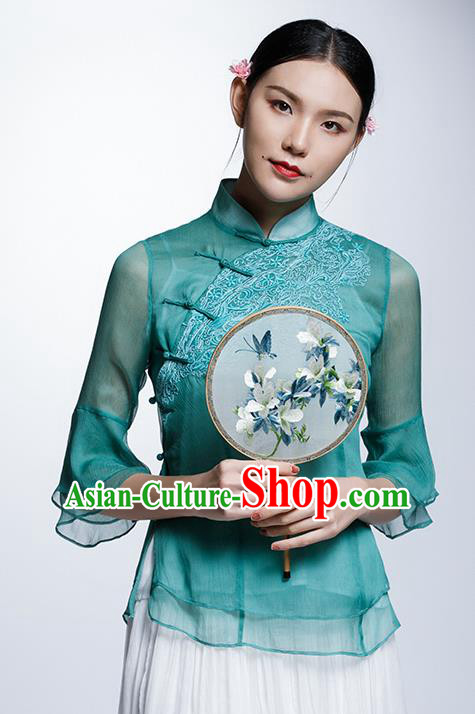 Chinese Traditional Costume Embroidered Green Organza Cheongsam Blouse China National Upper Outer Garment Shirt for Women