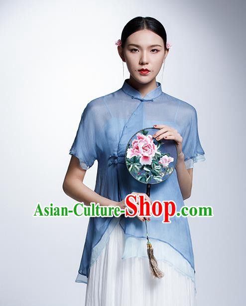 Chinese Traditional Tang Suit Blue Blouse China National Upper Outer Garment Cheongsam Shirt for Women