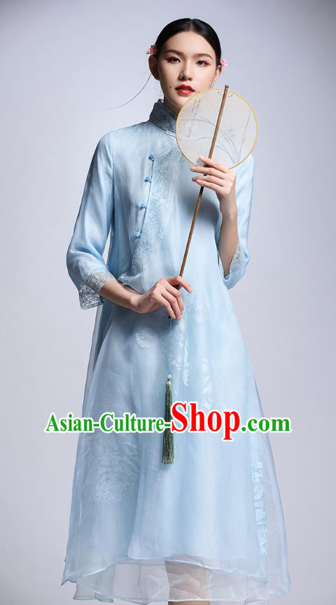 Chinese Traditional Tang Suit Blue Cheongsam China National Qipao Dress for Women