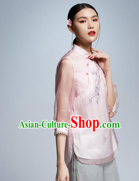 Chinese Traditional Costume Embroidered Plum Blossom Pink Cheongsam Blouse China National Upper Outer Garment Shirt for Women