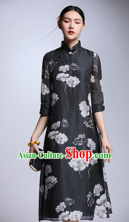 Chinese Traditional Tang Suit Printing Peony Black Cheongsam China National Qipao Dress for Women