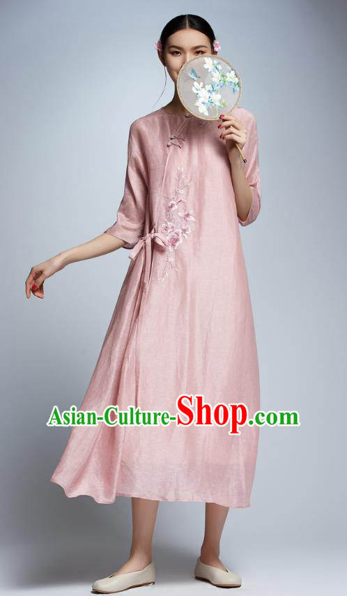 Chinese Traditional Tang Suit Embroidered Pink Cheongsam China National Qipao Dress for Women