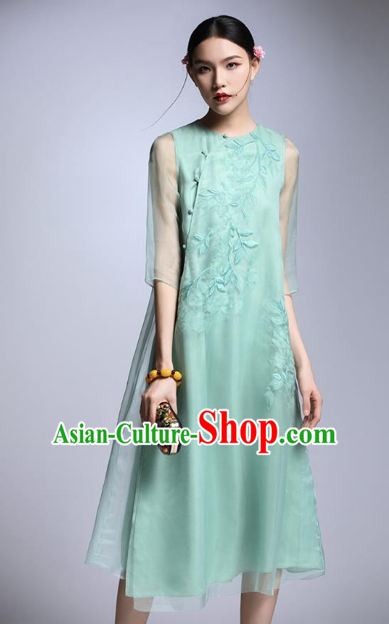 Chinese Traditional Tang Suit Embroidered Green Cheongsam China National Qipao Dress for Women