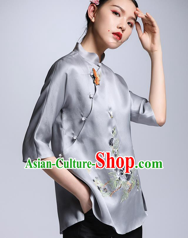 Chinese Traditional Tang Suit Grey Silk Blouse China National Upper Outer Garment Cheongsam Shirt for Women