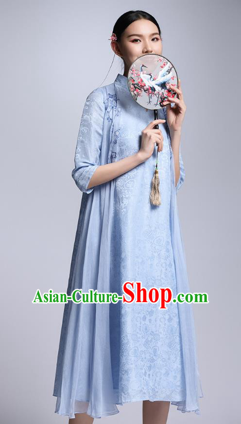 Chinese Traditional Tang Suit Blue Cheongsam China National Qipao Dress for Women