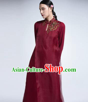 Chinese Traditional Tang Suit Embroidered Wine Red Cheongsam China National Qipao Dress for Women