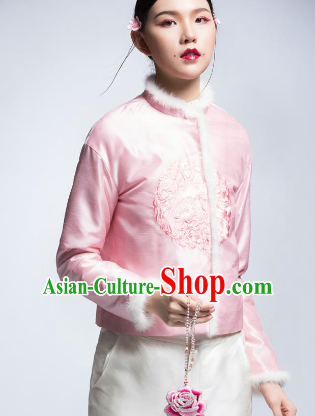 Chinese Traditional Tang Suit Pink Cotton-Padded Jacket China National Upper Outer Garment Cheongsam Shirt for Women