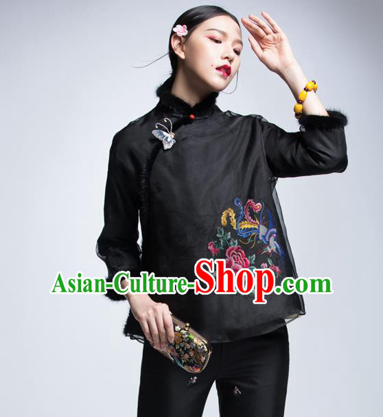 Chinese Traditional Tang Suit Black Cotton-Padded Jacket China National Upper Outer Garment Cheongsam Shirt for Women