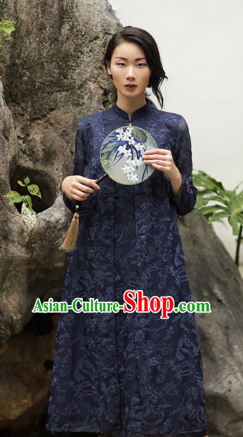 Chinese Traditional Tang Suit Embroidered Navy Cheongsam China National Qipao Dress for Women
