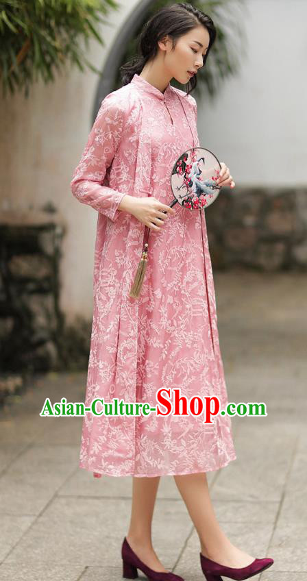 Chinese Traditional Tang Suit Embroidered Pink Cheongsam China National Qipao Dress for Women