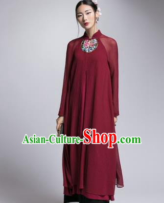 Chinese Traditional Tang Suit Embroidered Wine Red Cheongsam China National Qipao Dress for Women