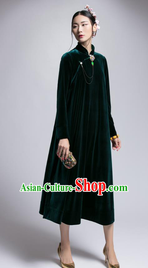 Chinese Traditional Tang Suit Green Velvet Cheongsam China National Qipao Dress for Women