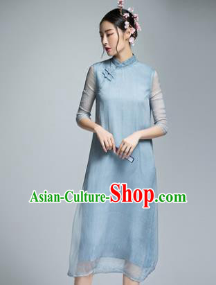Chinese Traditional Tang Suit Blue Silk Cheongsam China National Qipao Dress for Women