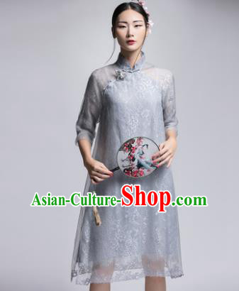 Chinese Traditional Tang Suit Grey Silk Cheongsam China National Qipao Dress for Women