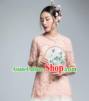 Chinese Traditional Tang Suit Pink Lace Blouse China National Upper Outer Garment Shirt for Women