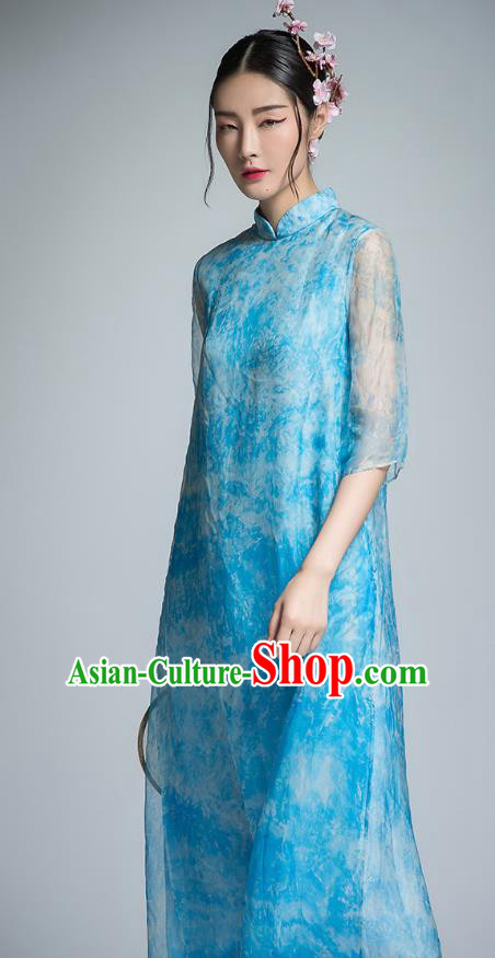 Chinese Traditional Tang Suit Blue Organza Cheongsam China National Qipao Dress for Women