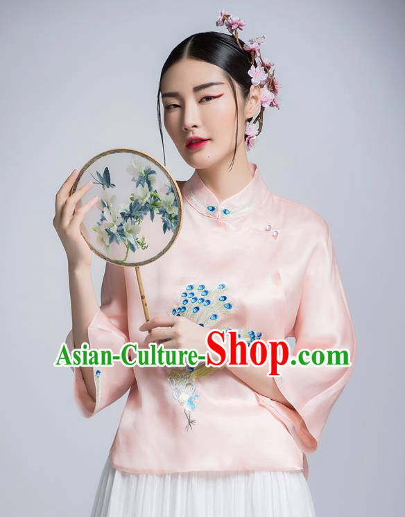 Chinese Traditional Tang Suit Pink Silk Blouse China National Upper Outer Garment Shirt for Women