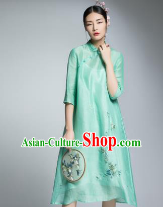 Chinese Traditional Tang Suit Embroidered Green Silk Cheongsam China National Qipao Dress for Women