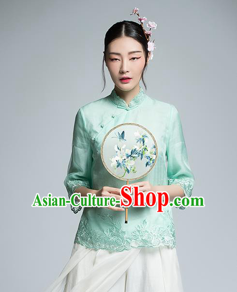 Chinese Traditional Tang Suit Embroidered Green Blouse China National Upper Outer Garment Shirt for Women